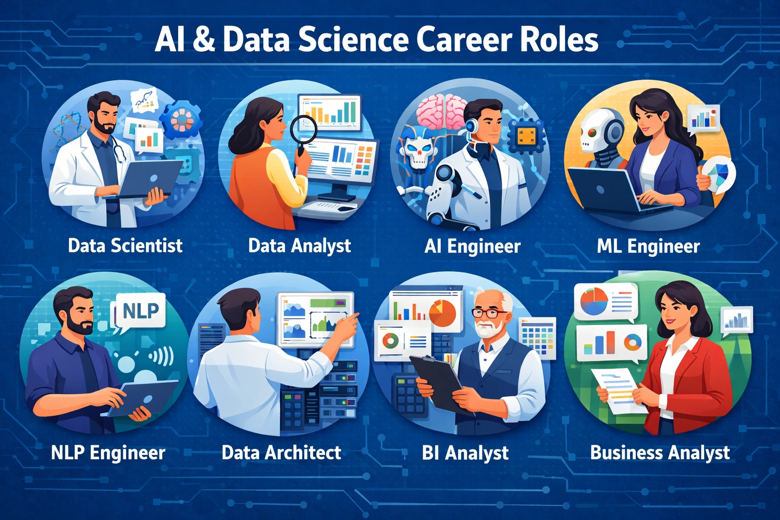 Infographic titled “AI & Data Science Career Roles” displaying illustrated professionals for roles including Data Scientist, Data Analyst, AI Engineer, Machine Learning Engineer, NLP Engineer, Data Architect, BI Analyst, and Business Analyst, each shown with related charts, robots, data dashboards, and analytics tools on a blue tech-themed background.