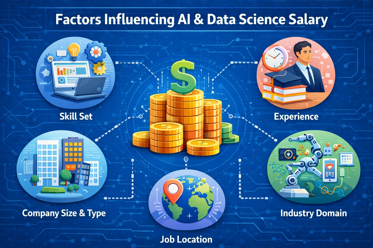 Infographic titled “Factors Influencing AI & Data Science Salary” showing a stack of coins with a dollar symbol in the center connected to icons representing key factors such as skill set, experience, company size and type, job location, and industry domain on a blue technology-themed background.