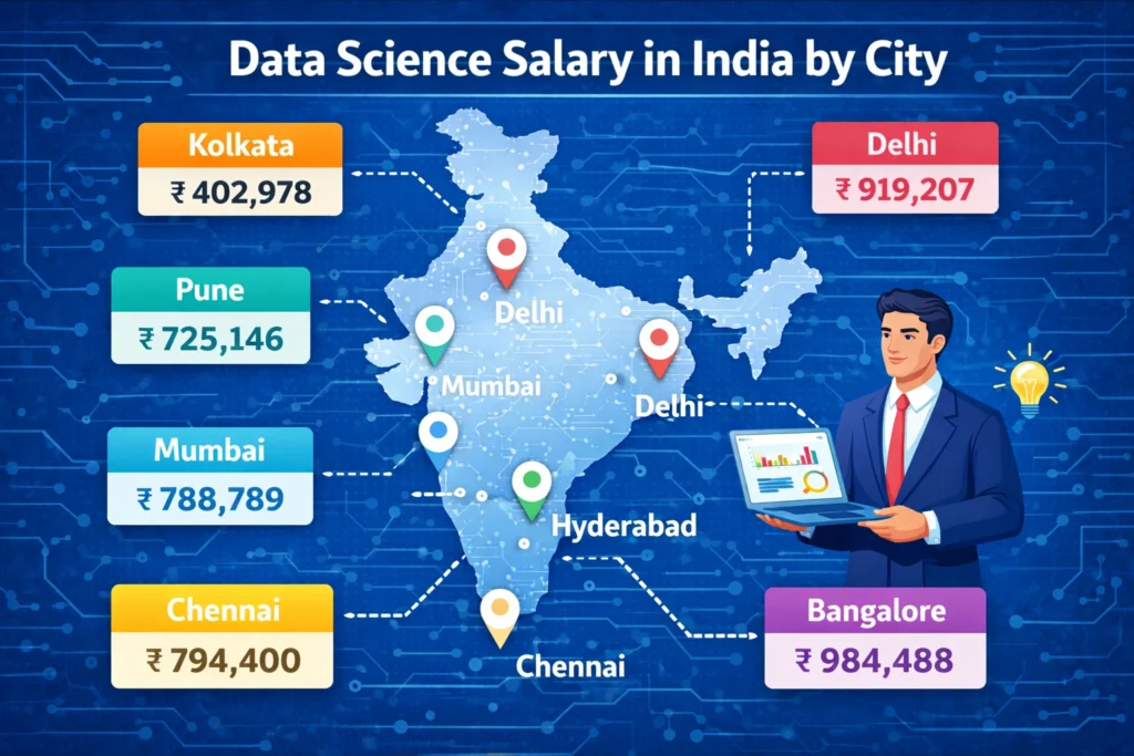Infographic titled “Data Science Salary in India by City” showing a map of India with average data science salaries for major cities including Kolkata (₹402,978), Pune (₹725,146), Mumbai (₹788,789), Chennai (₹794,400), Hyderabad (₹795,023), Delhi (₹919,207), and Bangalore (₹984,488), connected with location markers on a blue technology-themed background.
