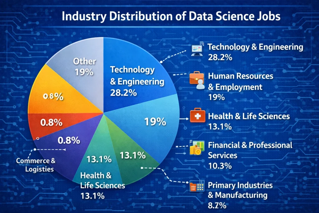 Pie chart infographic titled “Industry Distribution of Data Science Jobs” showing Technology & Engineering as the largest sector at 28.2%, followed by Human Resources & Employment (19%), Other industries (19%), Health & Life Sciences (13.1%), Financial & Professional Services (10.3%), Primary Industries & Manufacturing (8.7%), and smaller segments for Transportation & Logistics and Commerce & Real Estate at 0.8% each, displayed on a blue technology-themed background.