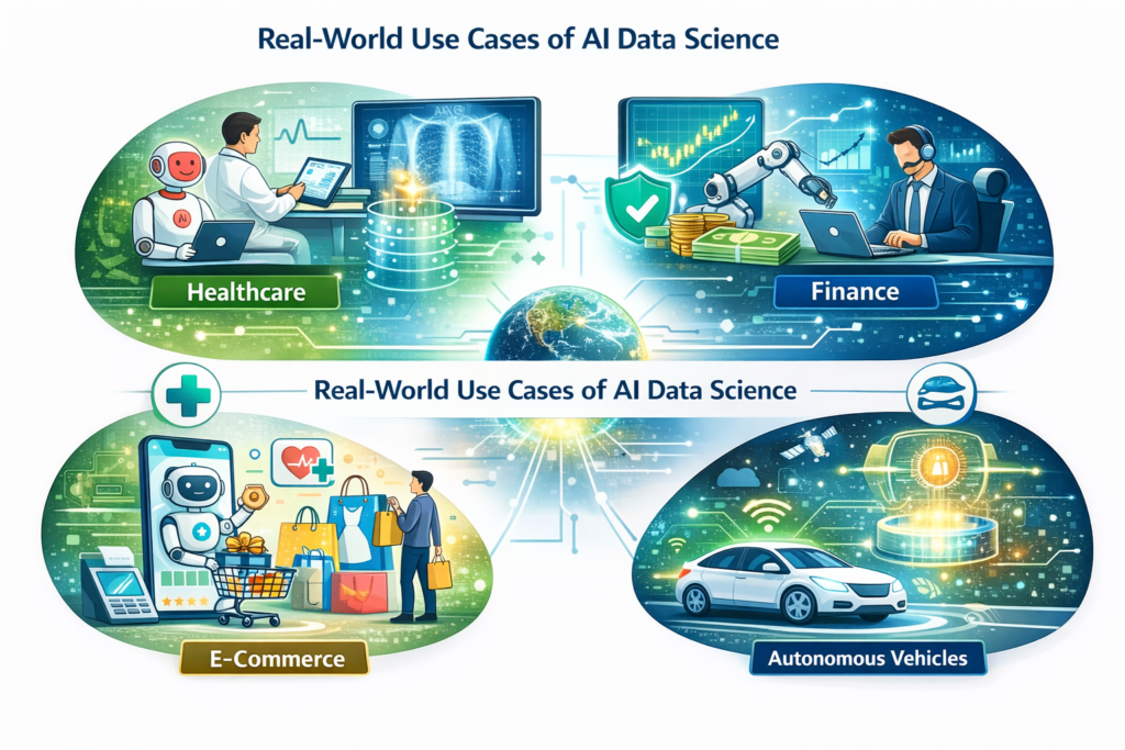 Alt Text:
 “Infographic illustrating real-world use cases of ai data science across healthcare, finance, e-commerce, and autonomous vehicles, featuring AI-powered diagnostics, fraud detection, personalized shopping, and self-driving car technology.”