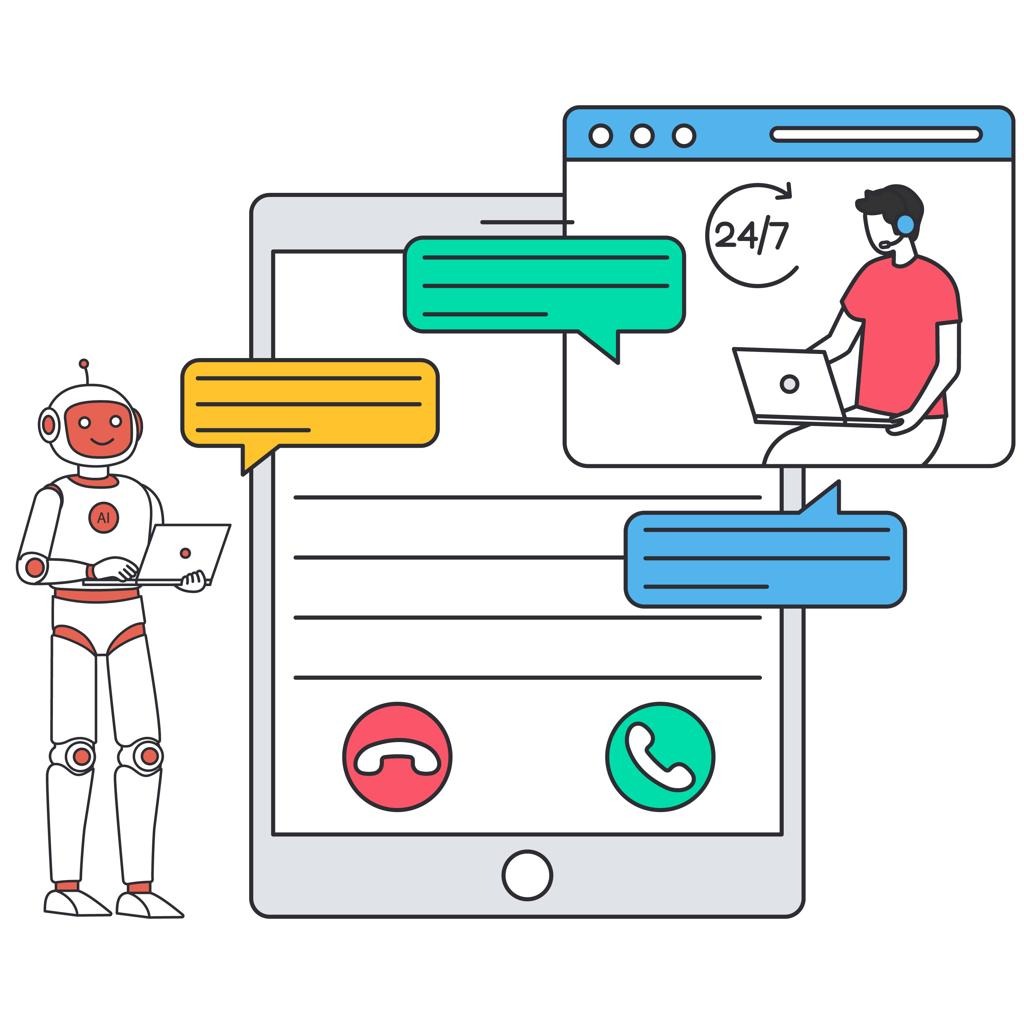 Alt Text:
“AI chatbot assisting a human in real-time customer support, showing conversation bubbles, a mobile interface, and 24/7 availability, representing narrow AI applications in ai data science.”