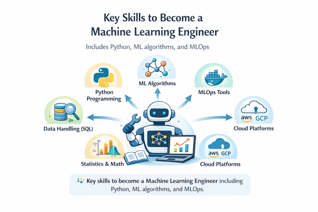 “Infographic showing key skills required to become a machine learning engineer, including Python programming, machine learning algorithms, MLOps tools, data handling with SQL, statistics and mathematics, and cloud platforms like AWS and GCP.”