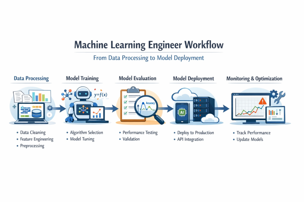 “Infographic showing the machine learning engineer workflow with stages including data processing, model training, model evaluation, model deployment, and monitoring and optimization, along with key tasks like data cleaning, algorithm selection, performance testing, and API integration.”