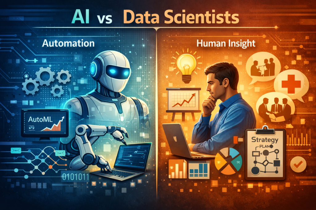 “Split illustration showing AI automation versus human data scientist decision-making, with a robot performing automated data tasks on one side and a human analyzing data, creating strategy, and interpreting insights on the other.”