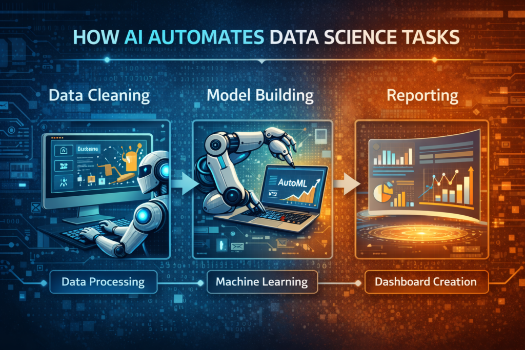 “Infographic showing how AI automates data science workflows including data cleaning, model building using AutoML, and reporting through dashboards, with a step-by-step visual flow from data processing to machine learning to dashboard creation.”