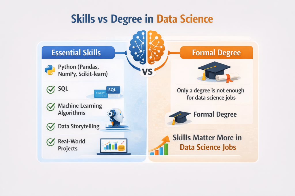 “Infographic showing essential skills for data science jobs beyond a formal degree, including Python, SQL, machine learning, data storytelling, and real-world projects, highlighting that skills matter more than a degree”