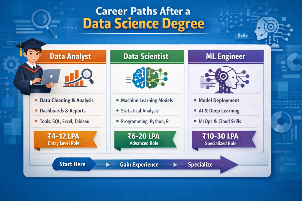 Career paths after a data science degree showing three roles: data analyst, data scientist, and machine learning engineer, with skills, responsibilities, and salary ranges illustrated in an infographic layout.