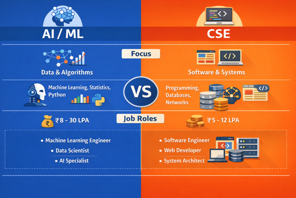 “AI ML vs CSE comparison infographic showing differences in focus, skills, salary range, and job roles including machine learning engineer, data scientist, and software engineer”