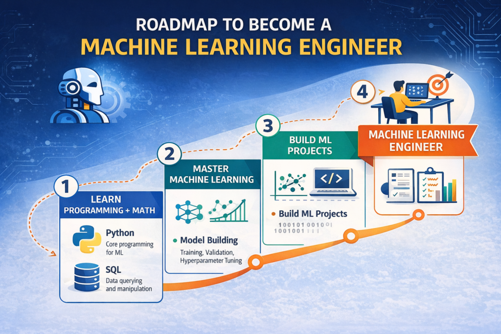 “Career roadmap diagram to become a machine learning engineer showing steps like learning programming and math, mastering machine learning, building ML projects, and securing a job role”