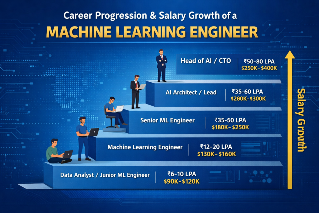 “Infographic showing career progression and salary growth of a machine learning engineer from data analyst to head of AI/CTO, with increasing salary ranges across India and global roles and a vertical arrow indicating growth.”