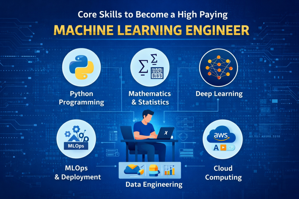 “Infographic showing core skills required to become a high paying machine learning engineer, including Python programming, mathematics and statistics, deep learning, MLOps and deployment, cloud computing, and data engineering, with a developer working on a laptop at the center.”