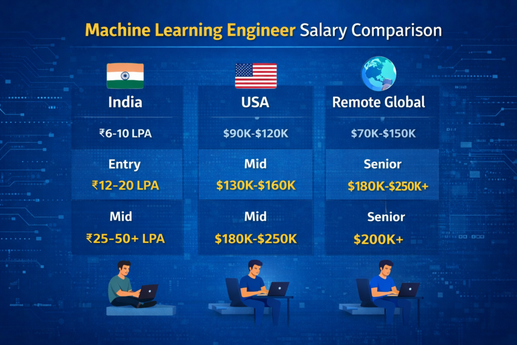 “Infographic comparing machine learning engineer salaries across India, USA, and remote global jobs, showing entry, mid, and senior level salary ranges with country icons and developers working on laptops.”